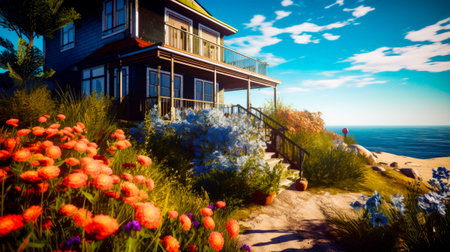 Painting of house on hill with flowers in front of it. Generative AI.の素材