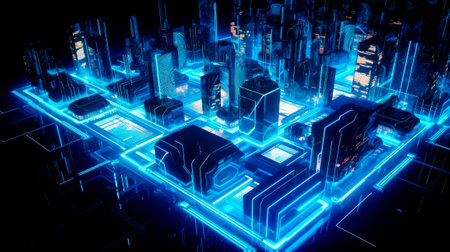 Futuristic city with blue neon lights and lots of buildings in the background. Generative AI.の素材