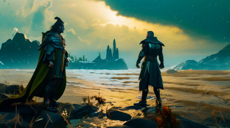 Couple of men standing next to each other on top of the beach. Generative AI.の素材