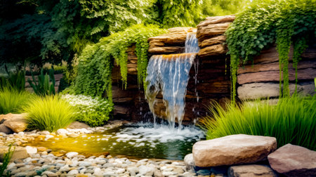 Water fall in garden with rocks and plants around it and stream of water coming out of the top of the waterfall. Generative AI.の素材
