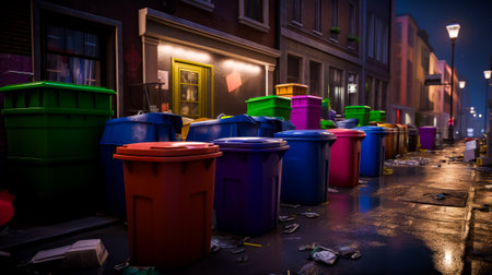 Group of trash cans sitting on the side of street next to building. Generative AI.の素材