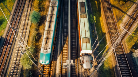 Couple of trains that are next to each other on train track. Generative AI.の素材