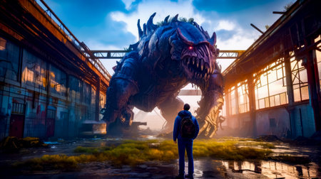 Man standing in front of giant monster in the middle of the city. Generative AI.の素材