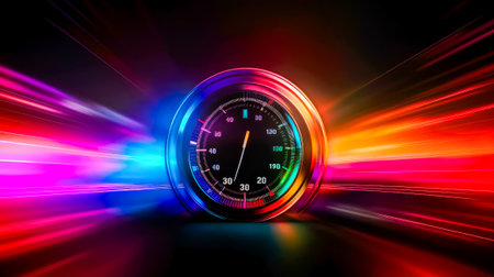 Close up of speedometer on black background with colorful lights. Generative AI.の素材