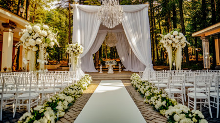 Wedding ceremony setup with white flowers and chandelier hanging from the ceiling. Generative AI.の素材