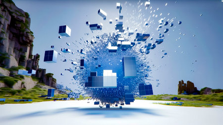 Computer generated image of cubes floating in the air with blue sky in the background. Generative AI.の素材