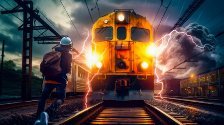 Yellow train traveling down train tracks next to person wearing helmet. Generative AI.の素材