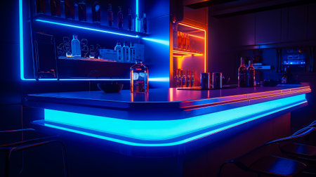 Bar with neon lights and bottles on the back of the bar counter. Generative AI.の素材