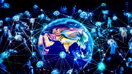 The earth surrounded by network of people and lines of connected lines on black background. Generative AI.の素材