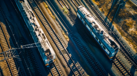 Couple of trains that are sitting on the tracks next to each other. Generative AI.の素材