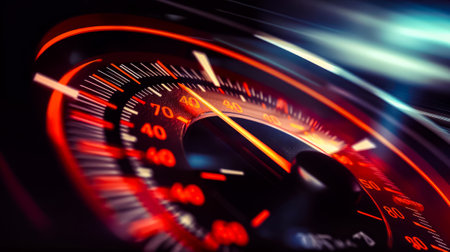 Close up of speedometer with red and yellow lights on it. Generative AI.の素材