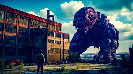 Man standing in front of giant dinosaur in front of building. Generative AI.の素材