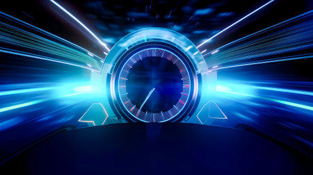 Clock that is sitting in the middle of the room with blue lights. Generative AI.の素材