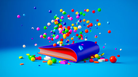 Open book surrounded by colorful balls and confetti on blue background. Generative AI.の素材