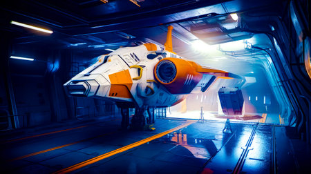 Orange and white fighter jet sitting on top of blue and yellow floor. Generative AI.の素材