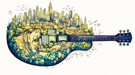 Drawing of guitar with city in the back ground and birds flying around. Generative AI.の素材