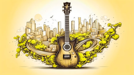Drawing of guitar with cityscape in the back ground. Generative AI.の素材
