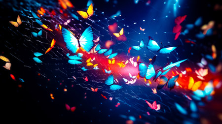 Group of blue butterflies flying through the air with bright lights in the background. Generative AI.の素材