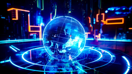 Blue and black photo of the globe in the middle of the room. Generative AI.の素材