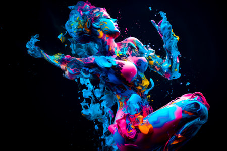 Woman with colorful paint on her body and arms, in the air. Generative AI.の素材