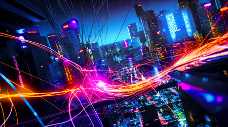 Cityscape with lots of lights in the middle of it. Generative AI.の素材