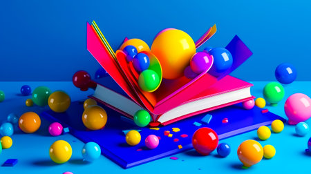 Book with bunch of balls on top of it next to pile of books. Generative AI.の素材