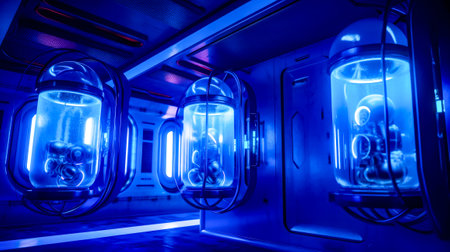 Room filled with blue lights and bunch of lights inside of it. Generative AI.の素材