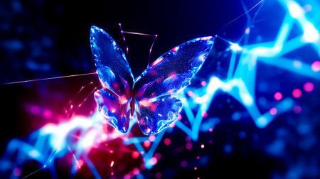 Butterfly flying through the air over blue and pink background with stars. Generative AI.の素材