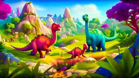 Group of dinosaurs walking across lush green field next to forest. Generative AI.の素材