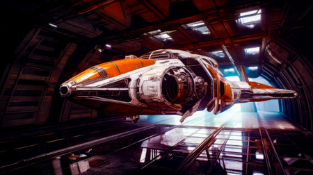 Futuristic space station with large orange and white space ship in the foreground. Generative AI.の素材