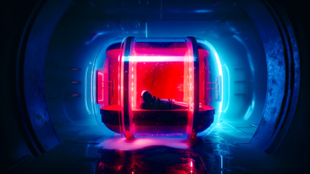 Person laying on bed in room with blue and red lights. Generative AI.の素材