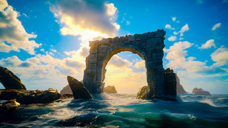 Stone arch in the middle of the body of water with sunset in the background. Generative AI.の素材