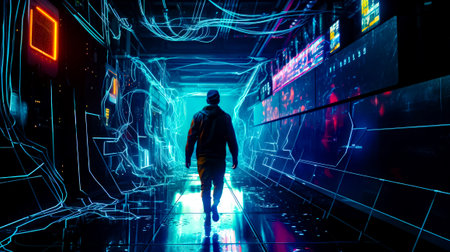 Man is walking through tunnel with neon lights on the walls and floor. Generative AI.の素材