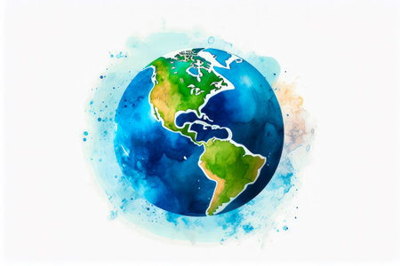 Watercolor painting of the earth with blue and green paint on it. Generative AI.の素材