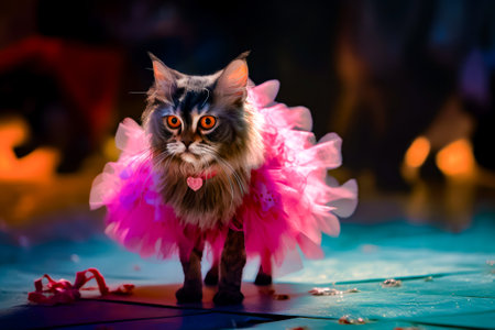 Cat dressed in pink tutu with heart on it's chest. Generative AI.の素材