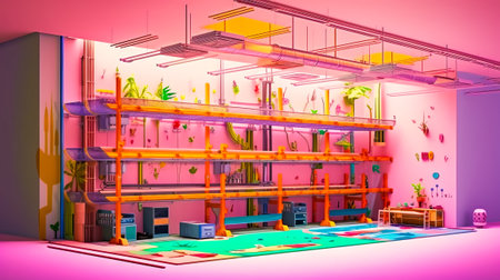 Room filled with lots of pink walls and lots of orange and yellow pipes. Generative AI.の素材