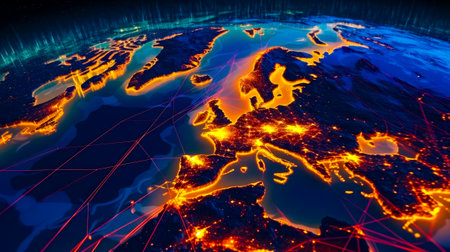 Map of europe at night with lights of cities and towns on it. Generative AI.の素材