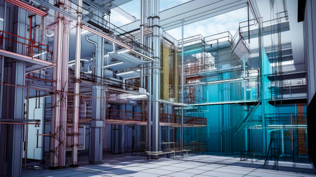 Computer generated image of building with pipes and pipes on the walls. Generative AI.の素材