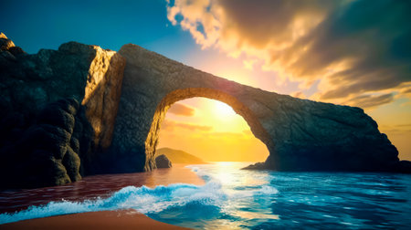 Painting of stone bridge over body of water with sunset in the background. Generative AI.の素材