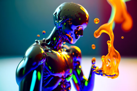 3d image of person holding cell phone in their hand and some liquid coming out of it. Generative AI.の素材