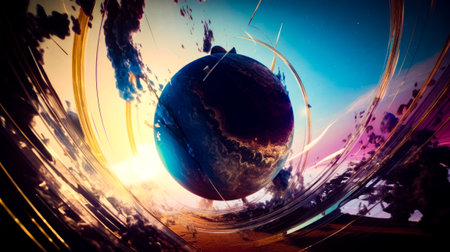 Computer generated image of planet with sun in the background and clouds in the foreground. Generative AI.の素材