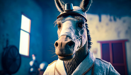 Close up of horse wearing hat and suit of armor. Generative AI.の素材