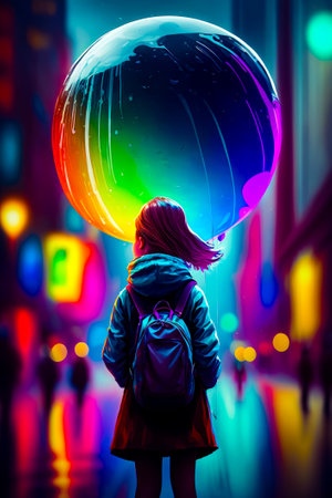 Painting of person with backpack looking at large object in the air. Generative AI.の素材