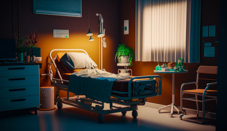 Hospital room with bed and table with plant on it. Generative AI.の素材