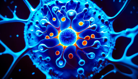 Close up of blue object with orange and blue circles on it. Generative AI.の素材