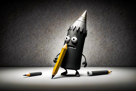 Black pencil holder with pencil in it's mouth and eyes. Generative AI.の素材