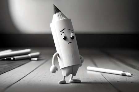 Pencil with sad face standing in front of group of pens. Generative AI.の素材