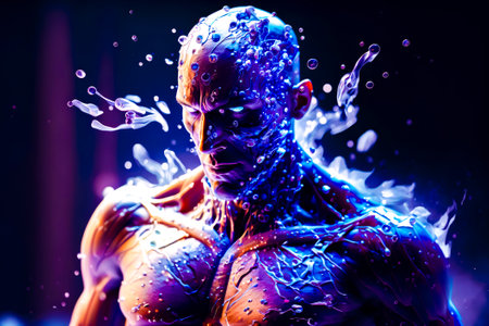 Man with blue paint on his face and chest is surrounded by water. Generative AI.の素材