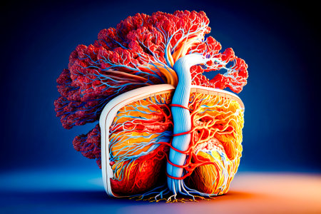 Image of human heart with blood vessels and blood vessels attached to it. Generative AI.の素材