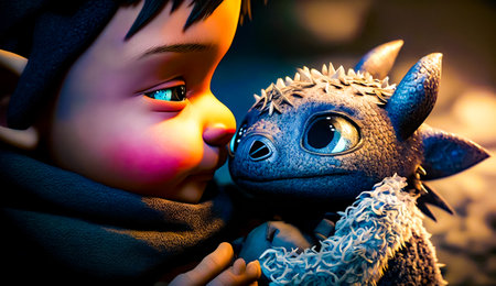 Little boy kissing stuffed animal with his eyes wide open and stuffed animal in front of him. Generative AI.の素材